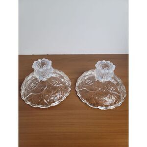 Tiara OPALESCENT WATER LILY PATTERN CANDLESTICK HOLDER PAIR